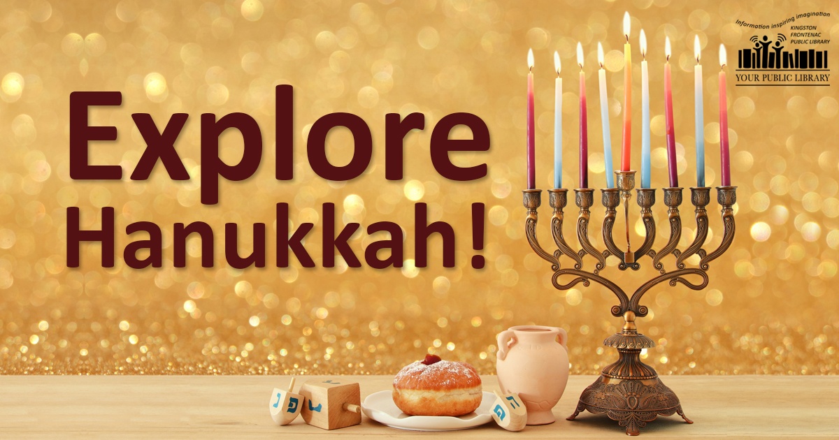 A menorah on a gold background. Text reads Explore Hanukkah!