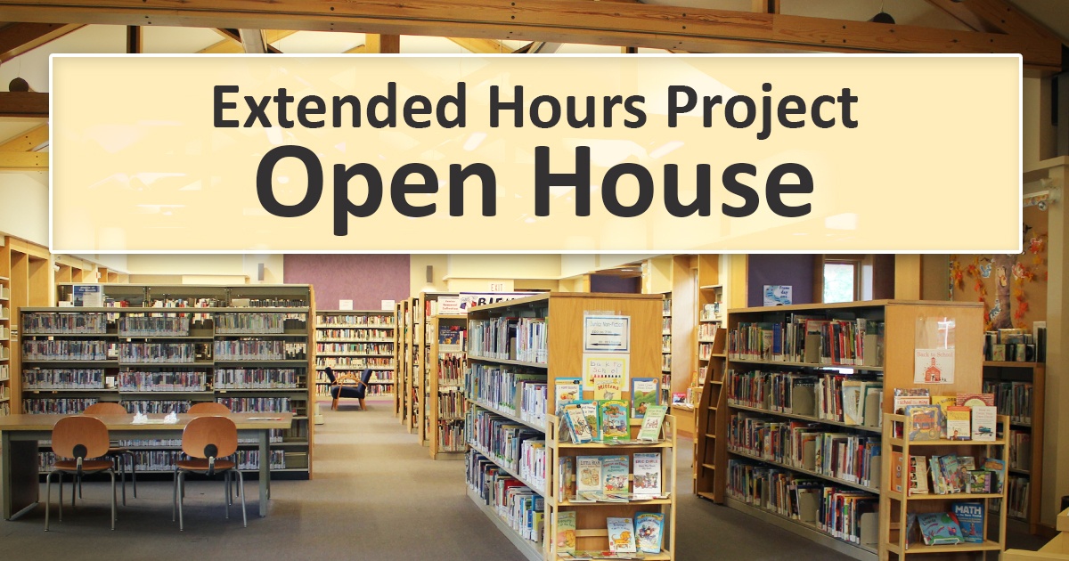 Bookshelves in the library. Text reads Extended Hours Open House.