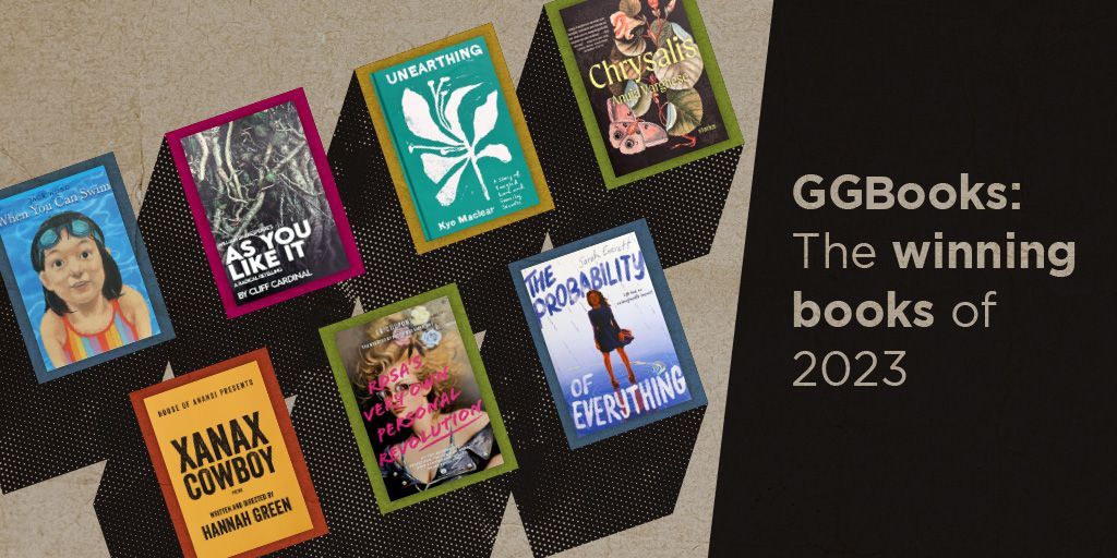 A banner of the English-language 2023 GGBooks winners. Text reads GGBooks: The winning books of 2023.