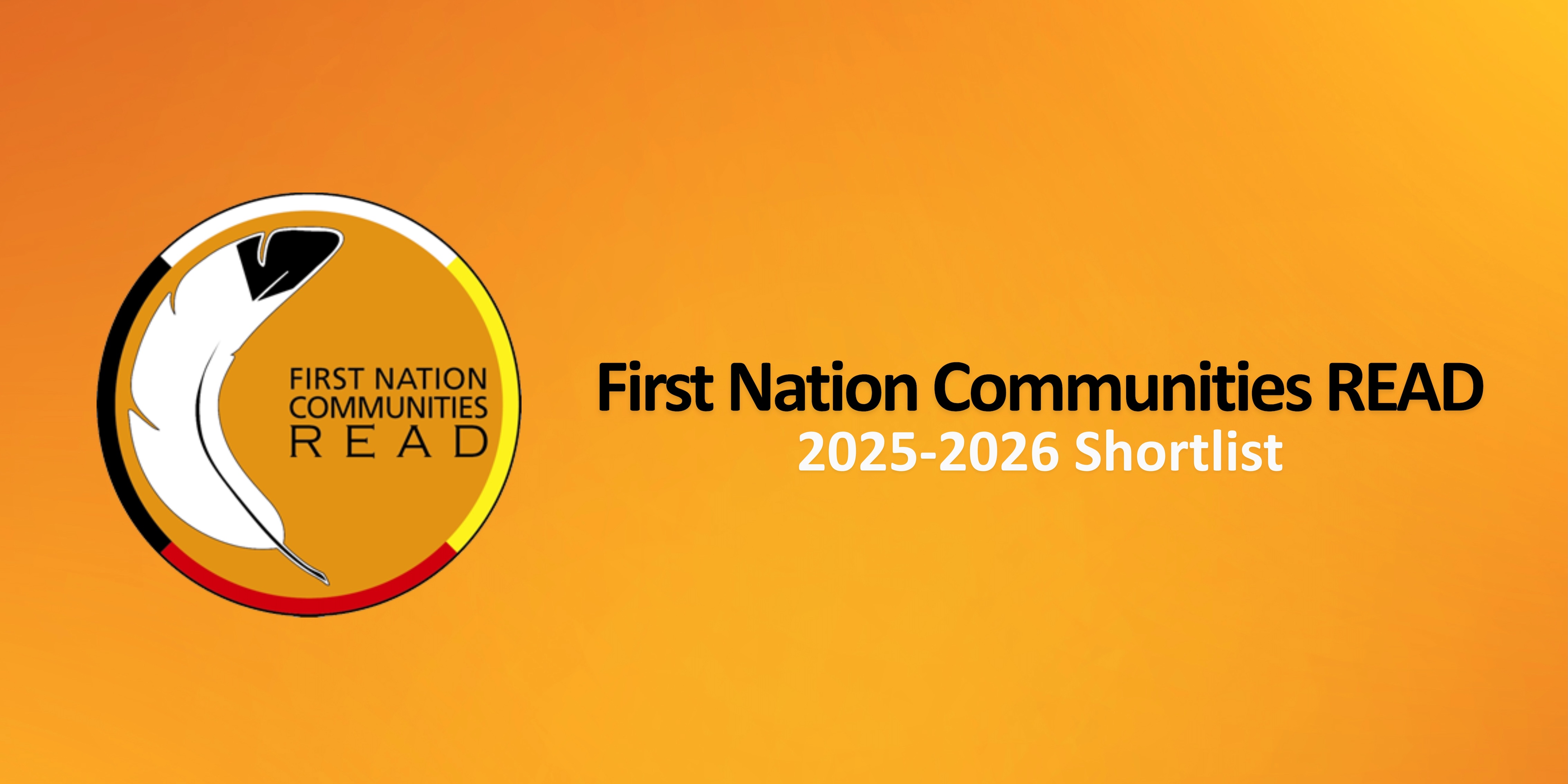 Image of a feather on an orange background. The text reads First Nation Communites READ.
