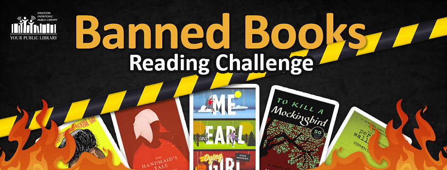 An illustration of various banned book covers with flames surronding them. There is caution tape across the image. The text reads Banned Books Reading Challenge .
