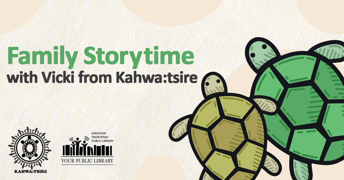 Illustration promoting Family Storytime with Vicki from Kahwa:tsire featuring two cartoon turtles on a beige patterned background.