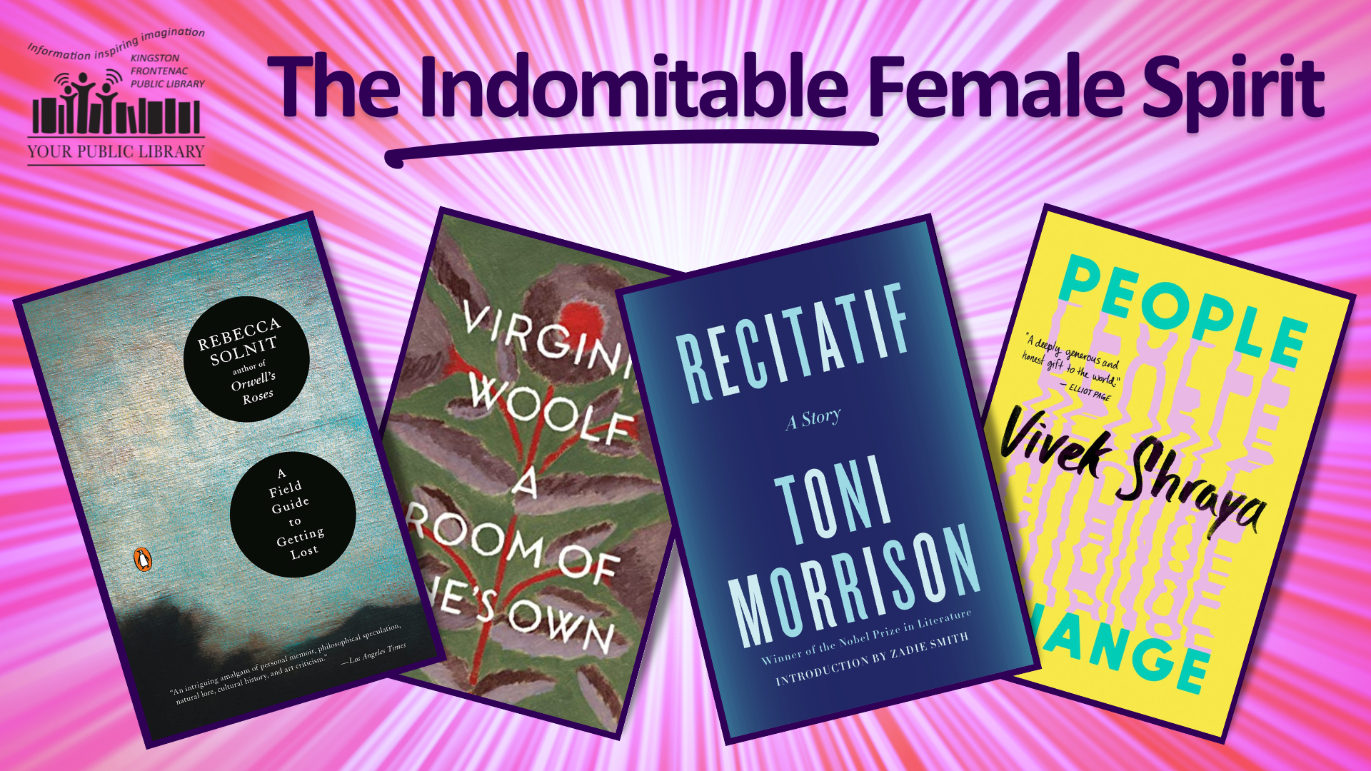 A collage of books on a pink background with text reading The Indomitable Female Spirit