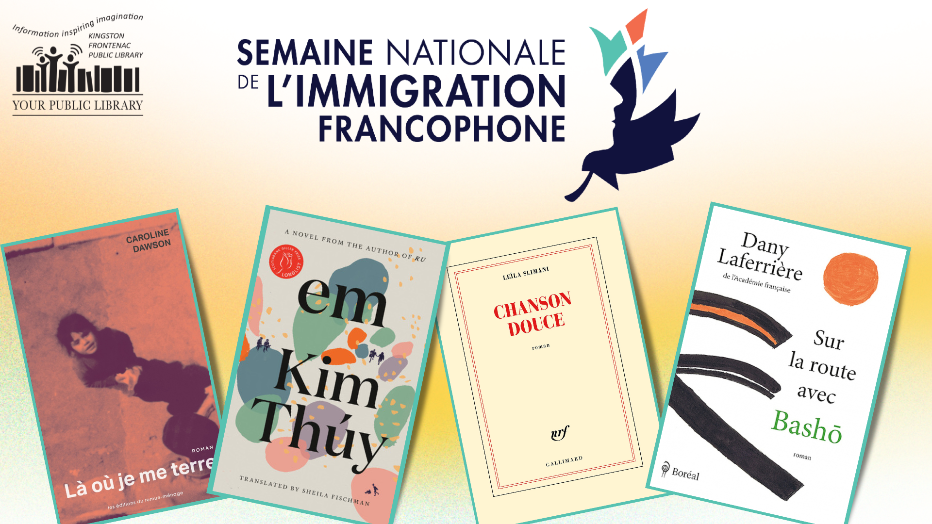 A collage of books with text reading la Semaine nationale de l'immigration francophone on an orange and teal background. 