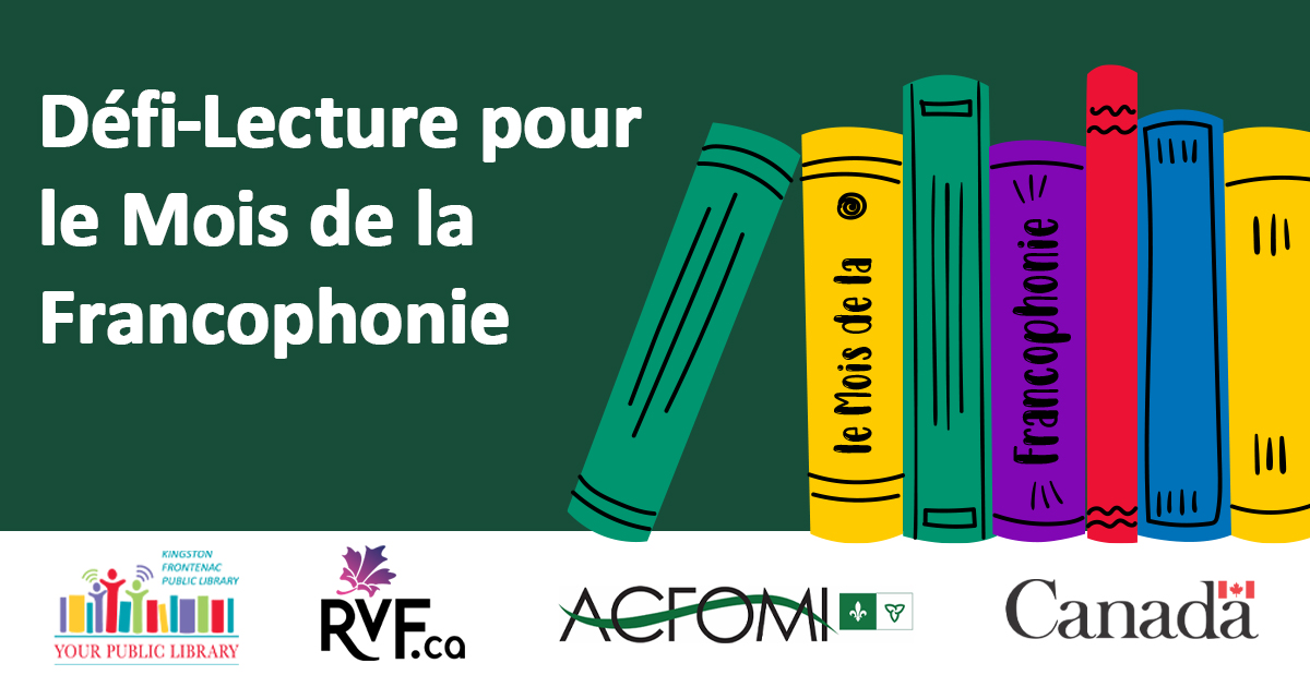 An illustration of books shelved together. The text reads Defi-Lecture pour le Mois de le Francophonie.