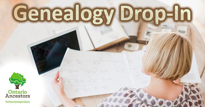 A woman with short blonde hair looking over papers. Text reads Genealogy Drop In.