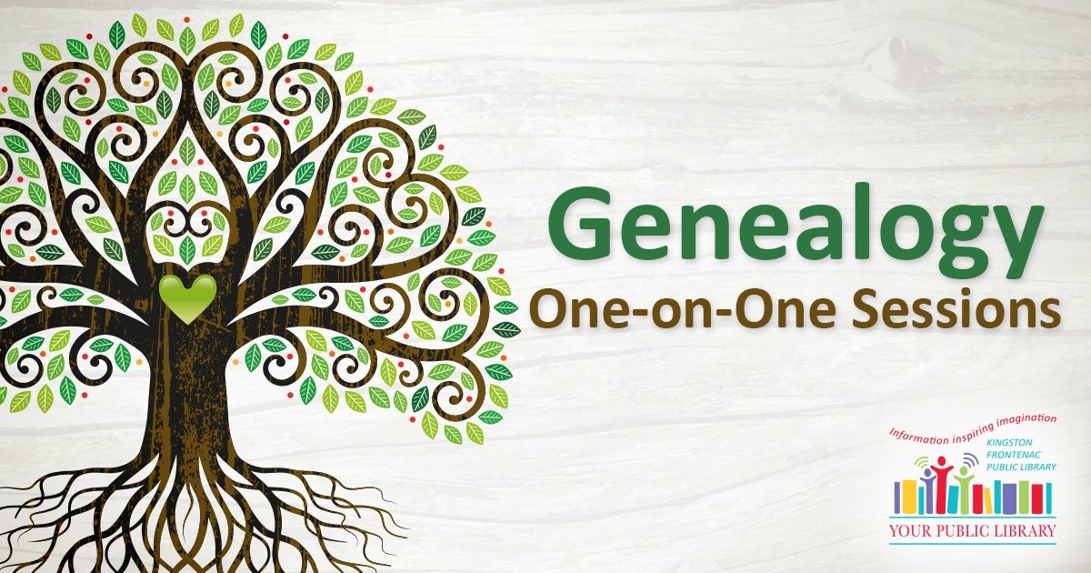 An illustrated tree. Text reads Genealogy one-on-one sessions.