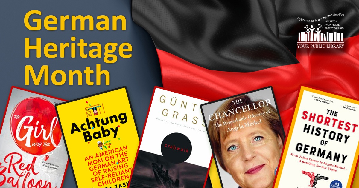 A collage of books with text reading German Heritage Month.