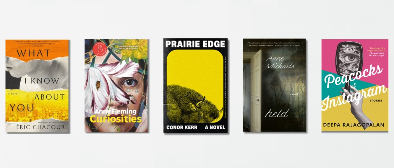 Book covers for What I Know About You, Curiosities, Prairie Edge, Held and Peacocks of Instagram: Stories