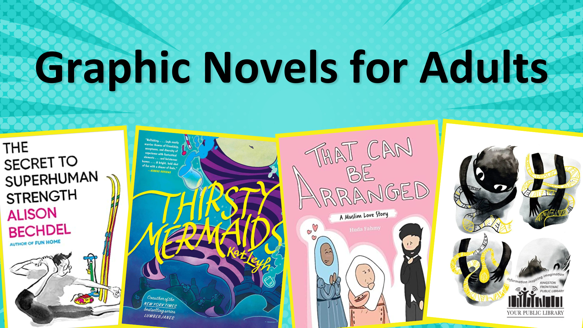 Four graphic novels for adults with text reading Graphic Novels for Adults.