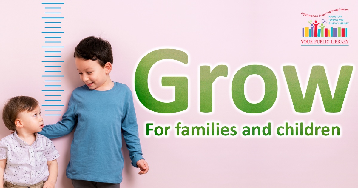 Grow. For families and children. Image of toddler with older sibling.