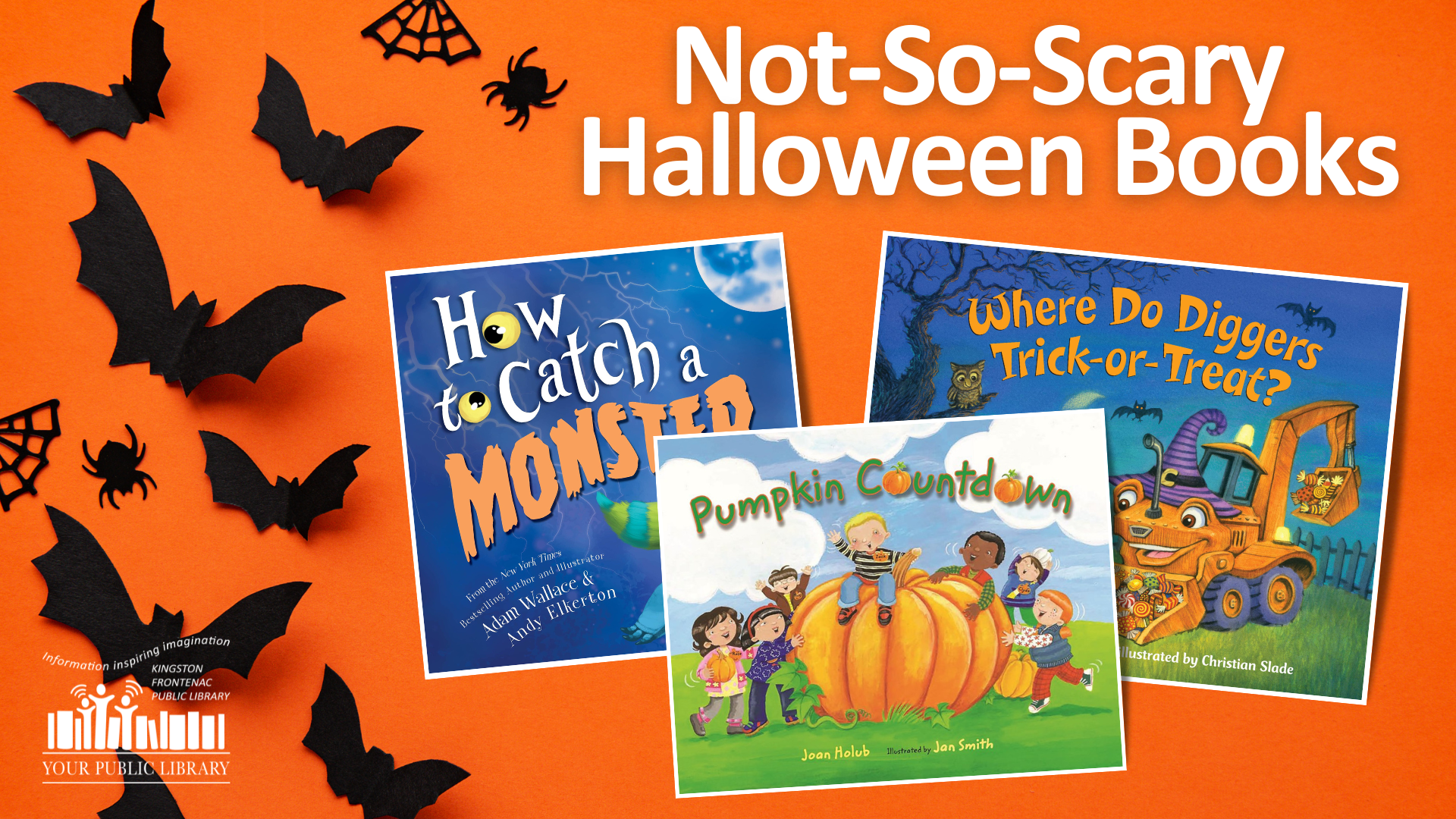 A collage of Halloween books on an orange background with black bats. Text reads Not-so-scary Halloween Books