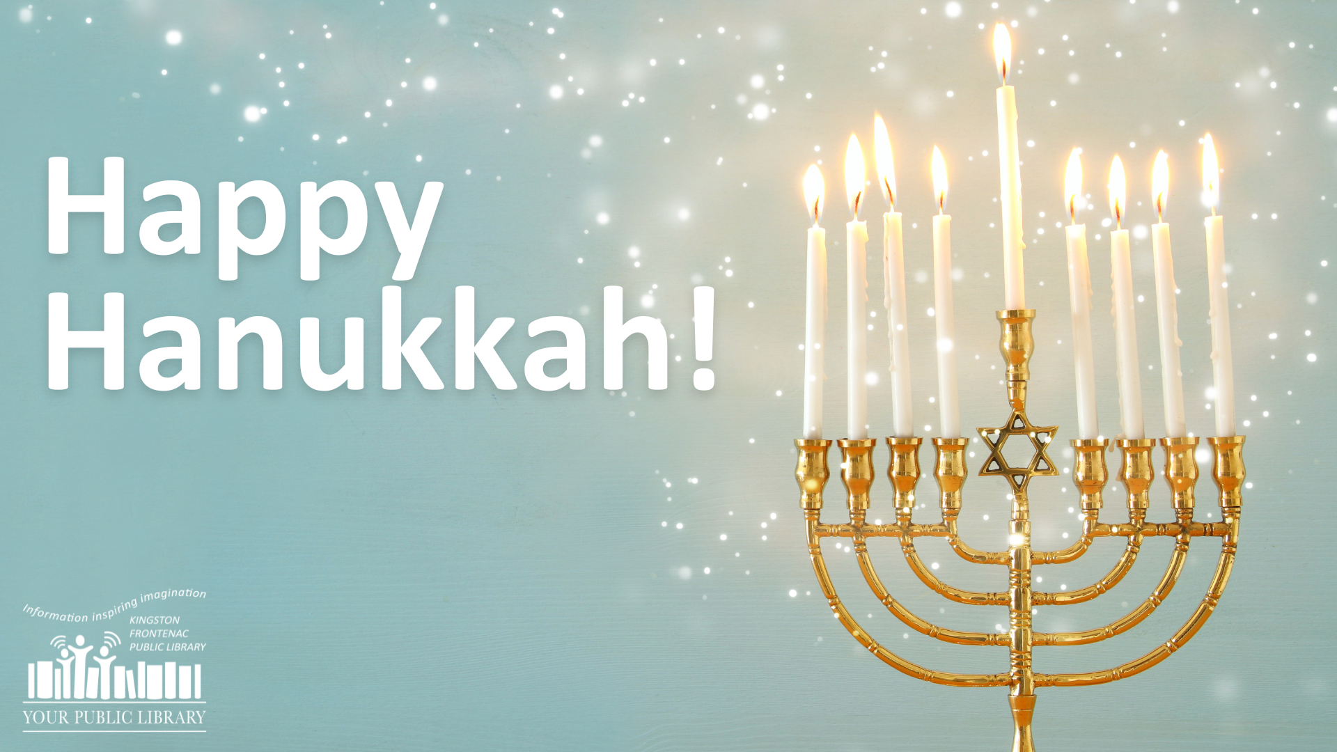 A lit menorah with text reading Happy Hanukkah!