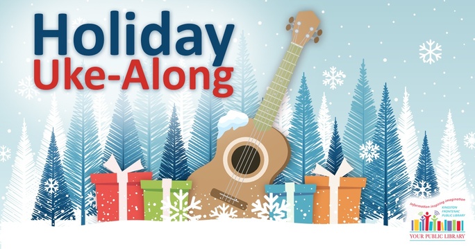 A cartoon ukulele against presents and snow. Text reads Holiday Uke-Along