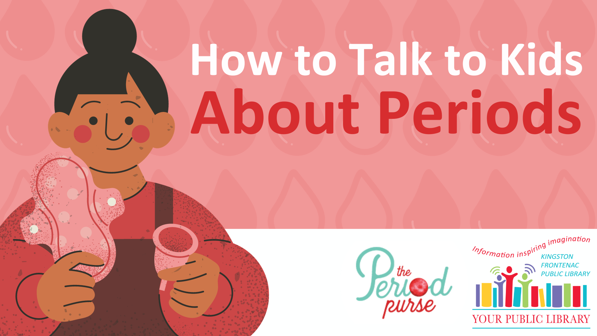 An illustrated person holding a pad and a menstrual cup. Text reads How to Talk to Kids About Periods.