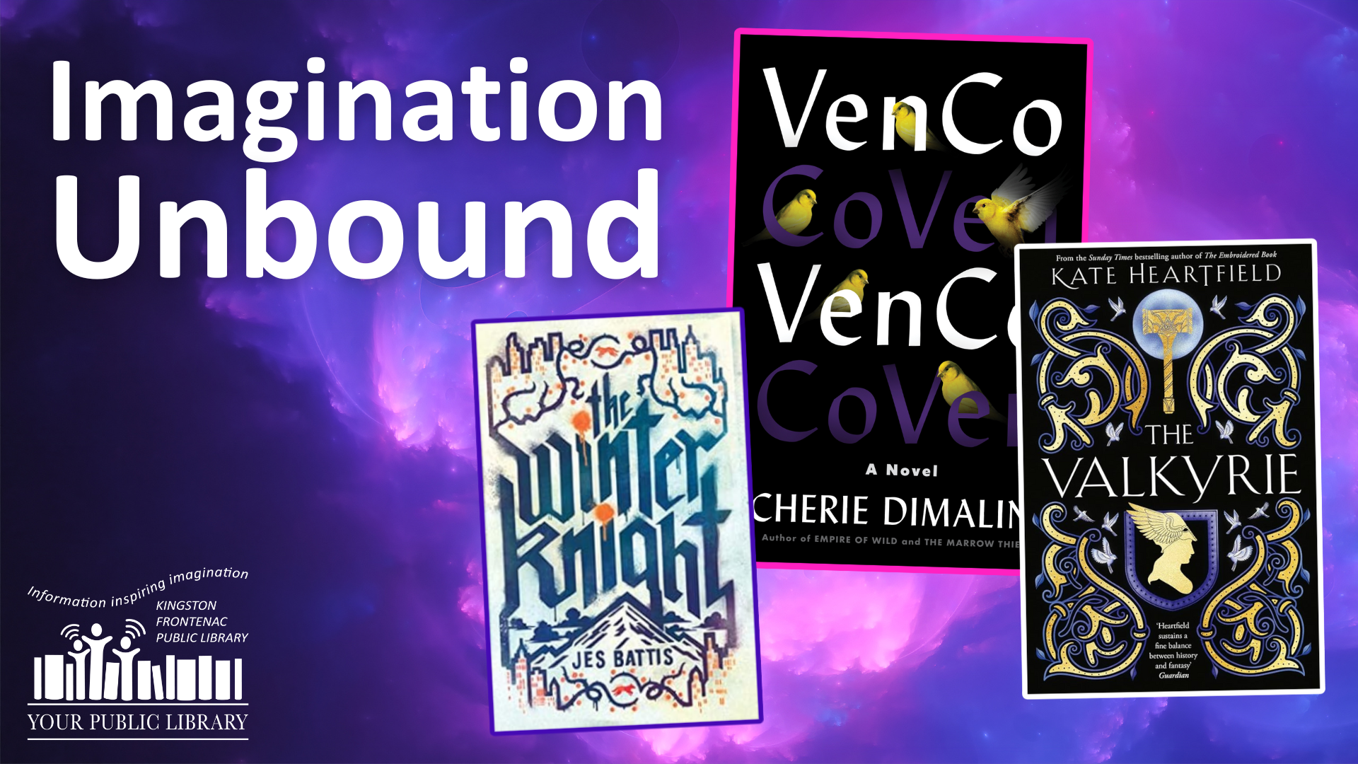 A collage of books against a purple sparkly background with text reading Imagination Unbound.