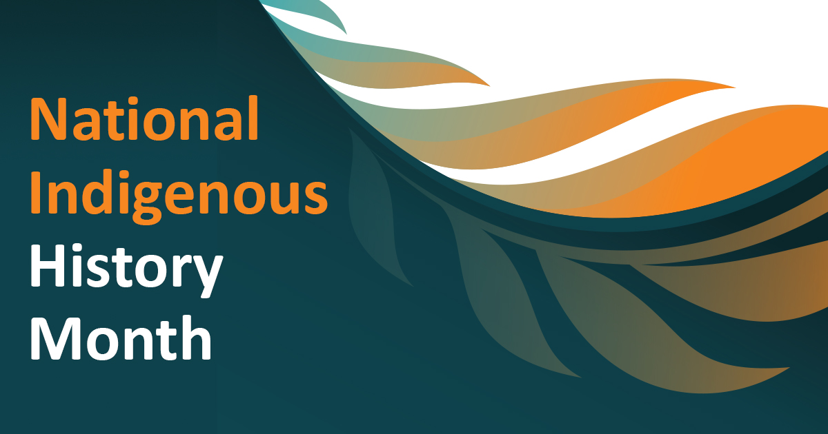 Illustration of an orange and white feather on a teal background. The text reads National Indigenous History Month