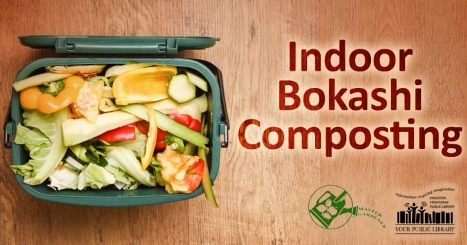A compost bin. Text reads Indoor Bokashi Composting. 