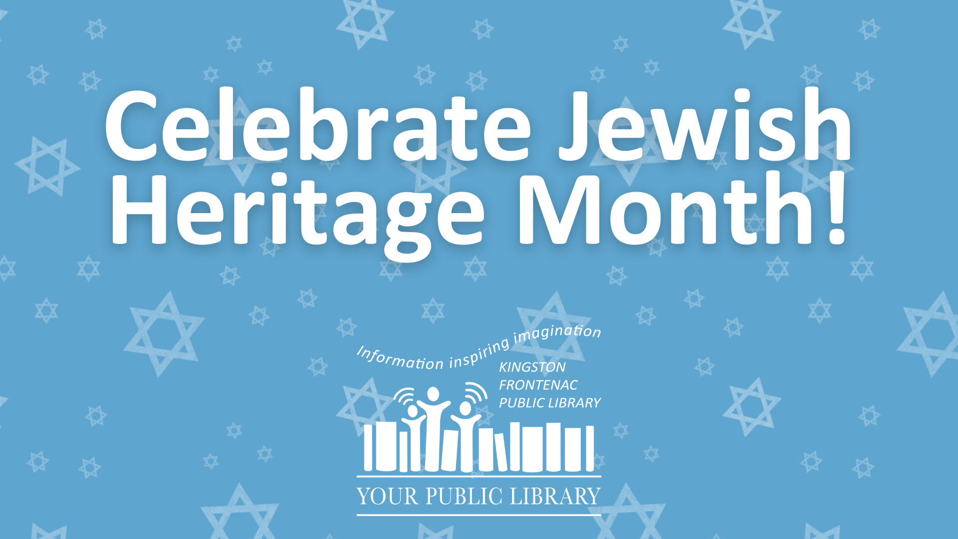 Against a blue background with Stars of David, text reads Celebrate Jewish Heritage Month