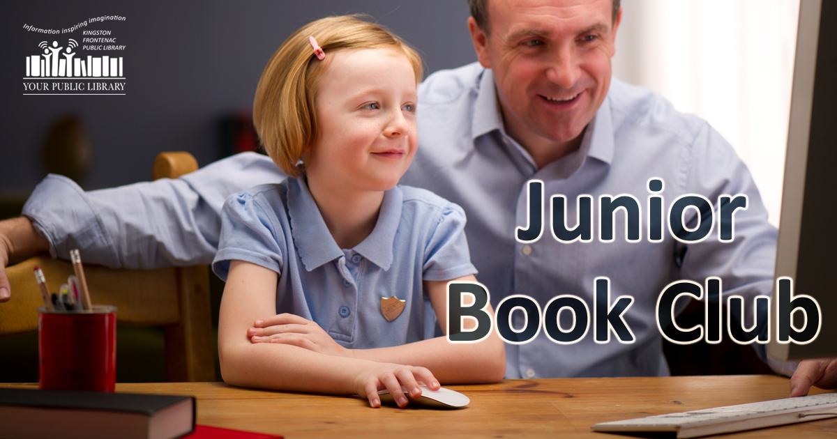 Image of man and child sitting at computer together. Text reads Junior Book Club.