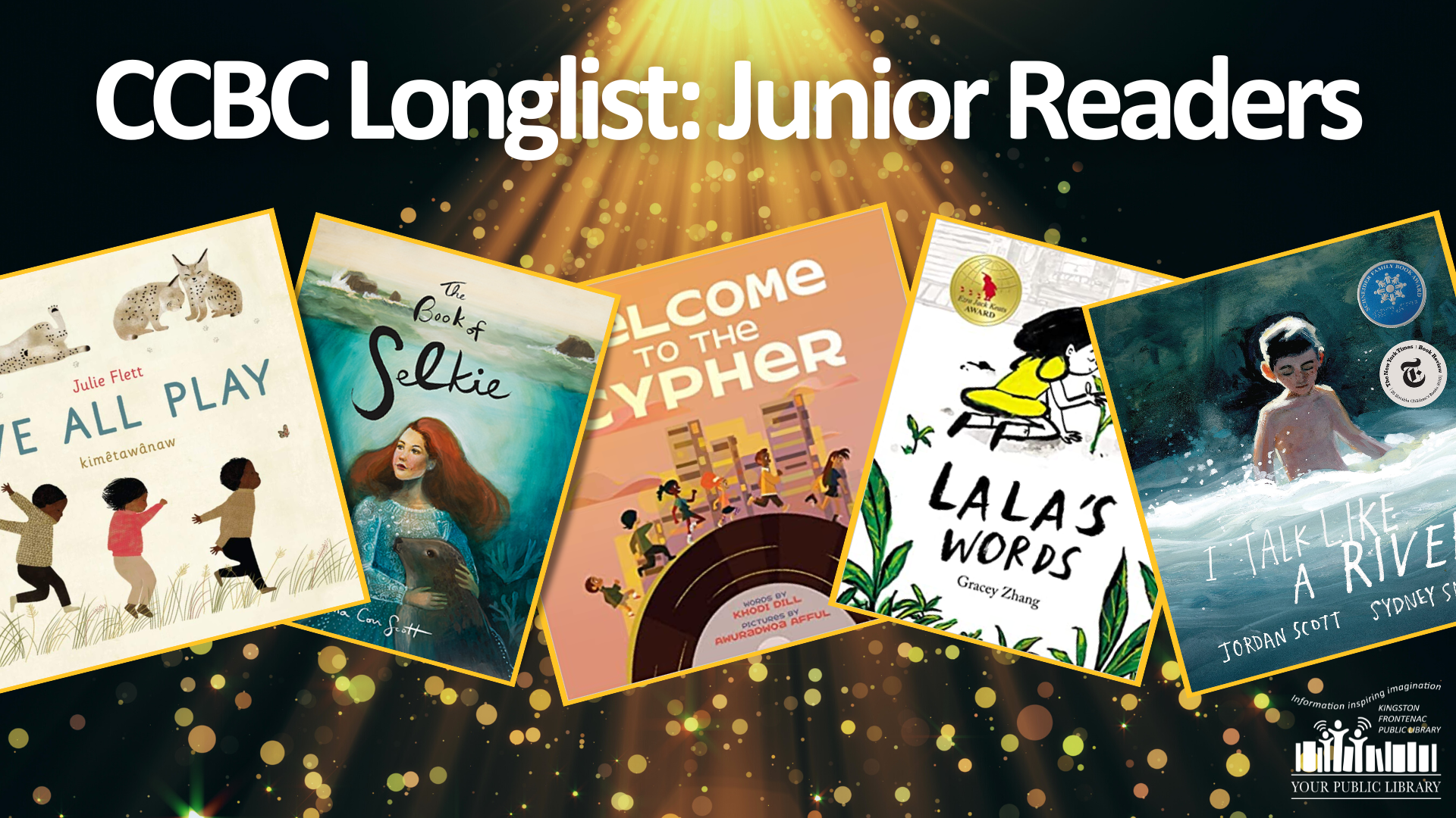 A collage of books against a spotlight background with text reading CCBC Longlist: Junior Readers