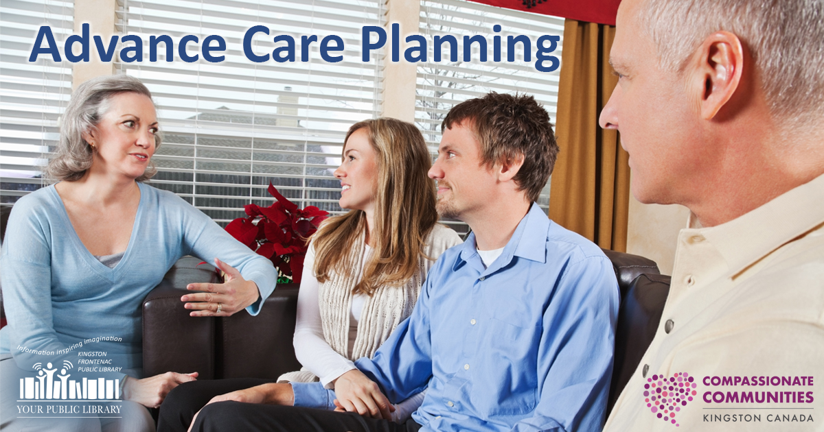A group of adults talk in an office. Text reads Advance Care Planning.
