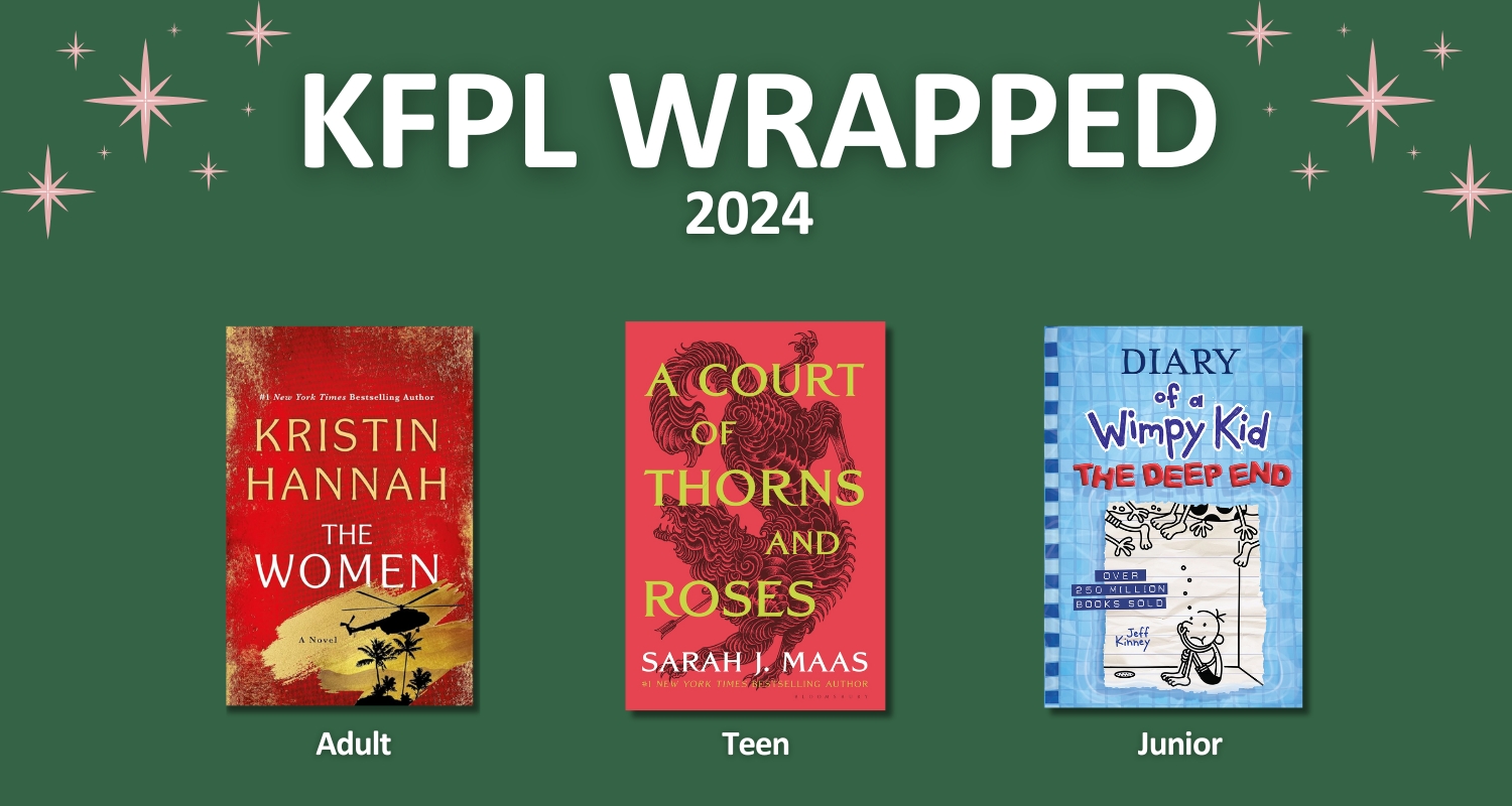 An image with a green background and pink stars in each corner. There are pictures of the book covers, The Women by Kristin Hannah, A Court of Thorns and Roses by Sarah J. Maas and Diary of a Wimpy Kid The Deep End by Jeff Kinney.