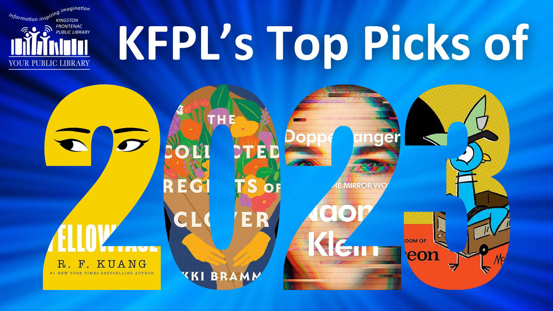 KFPL's Top Picks of 2023 on a blue background. 2023 is cut out of various book covers.