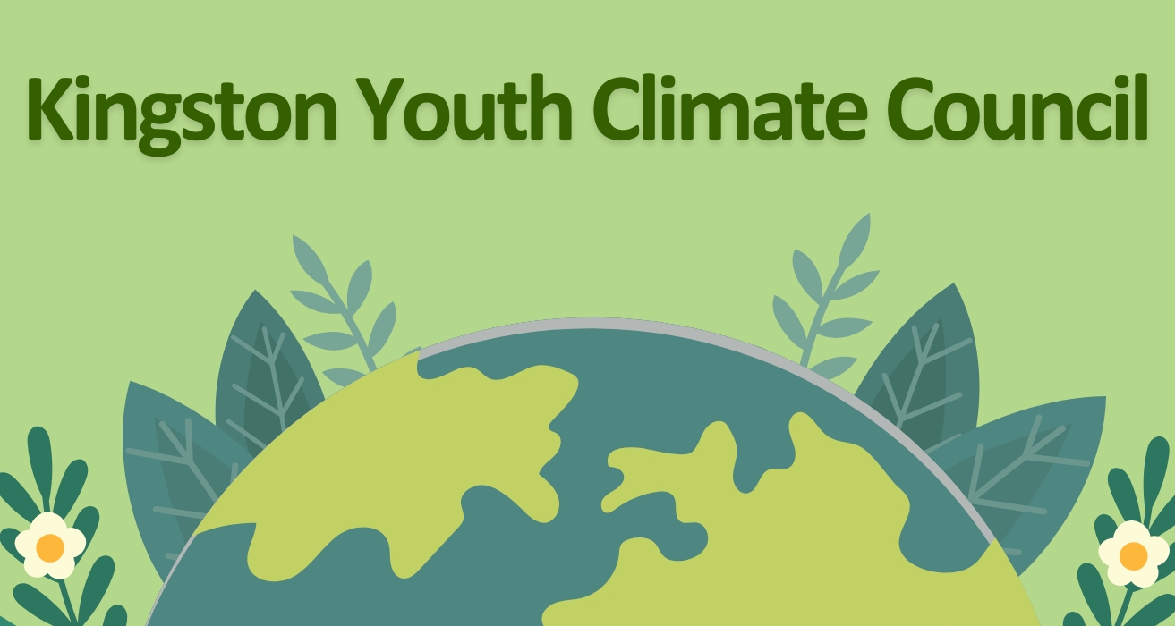 An illustration of the world with leaves and flowers around it. The text reads Kingston Youth Climate Council.