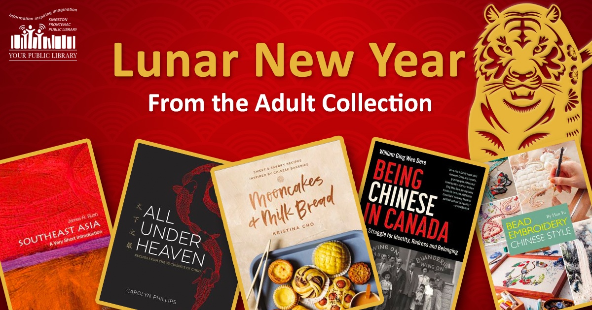 Book covers for Lunar New Year with a tiger illustration. Text reads Lunar New Year From the Adult Collection.