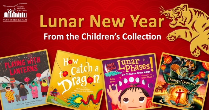 Book covers for Lunar New Year with a tiger illustration. Text reads Lunar New Year From the Children's Collection. 