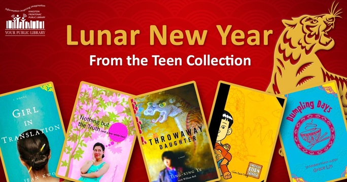 Book covers for Lunar New Year with a tiger illustration. Text reads Lunar New Year From the Teen Collection. 