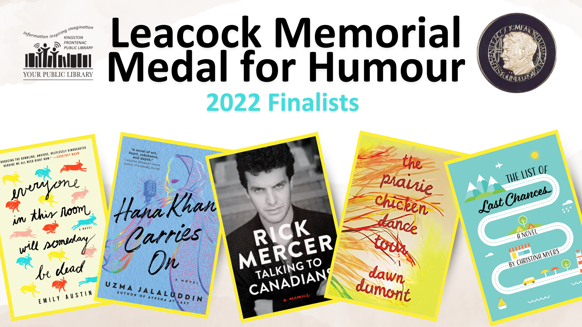 A variety of books with text reading Leacock Memorial Medal for Humour