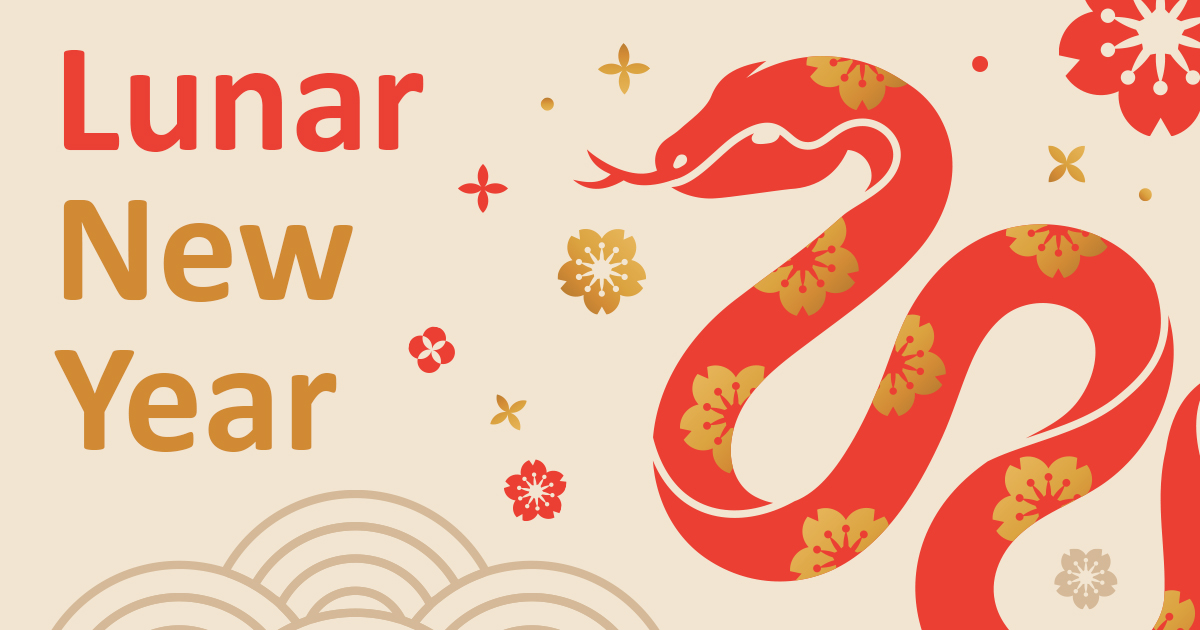 An illustration of a red snake with a gold floral pattern. The text reads Lunar New Year.