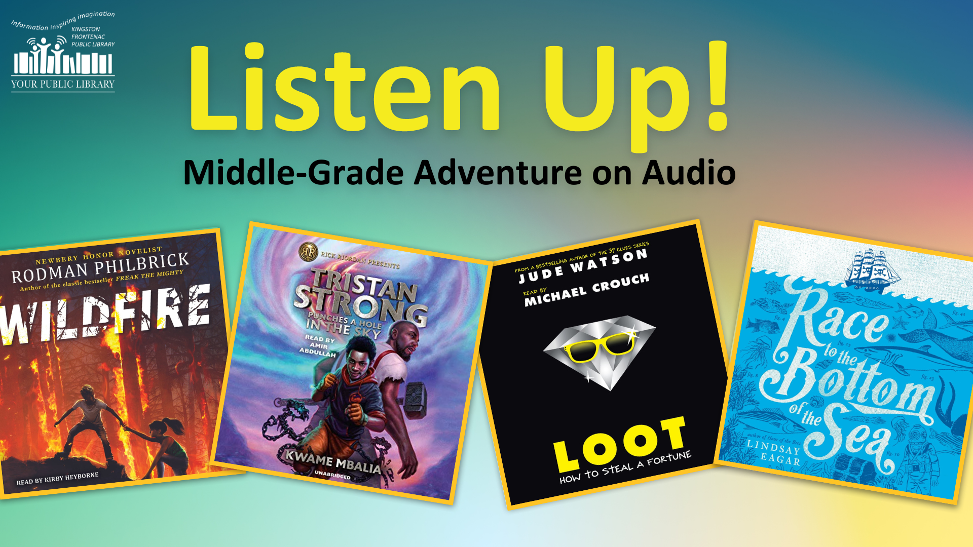 Books with text reading Listen Up! Middle Grade Audiobooks