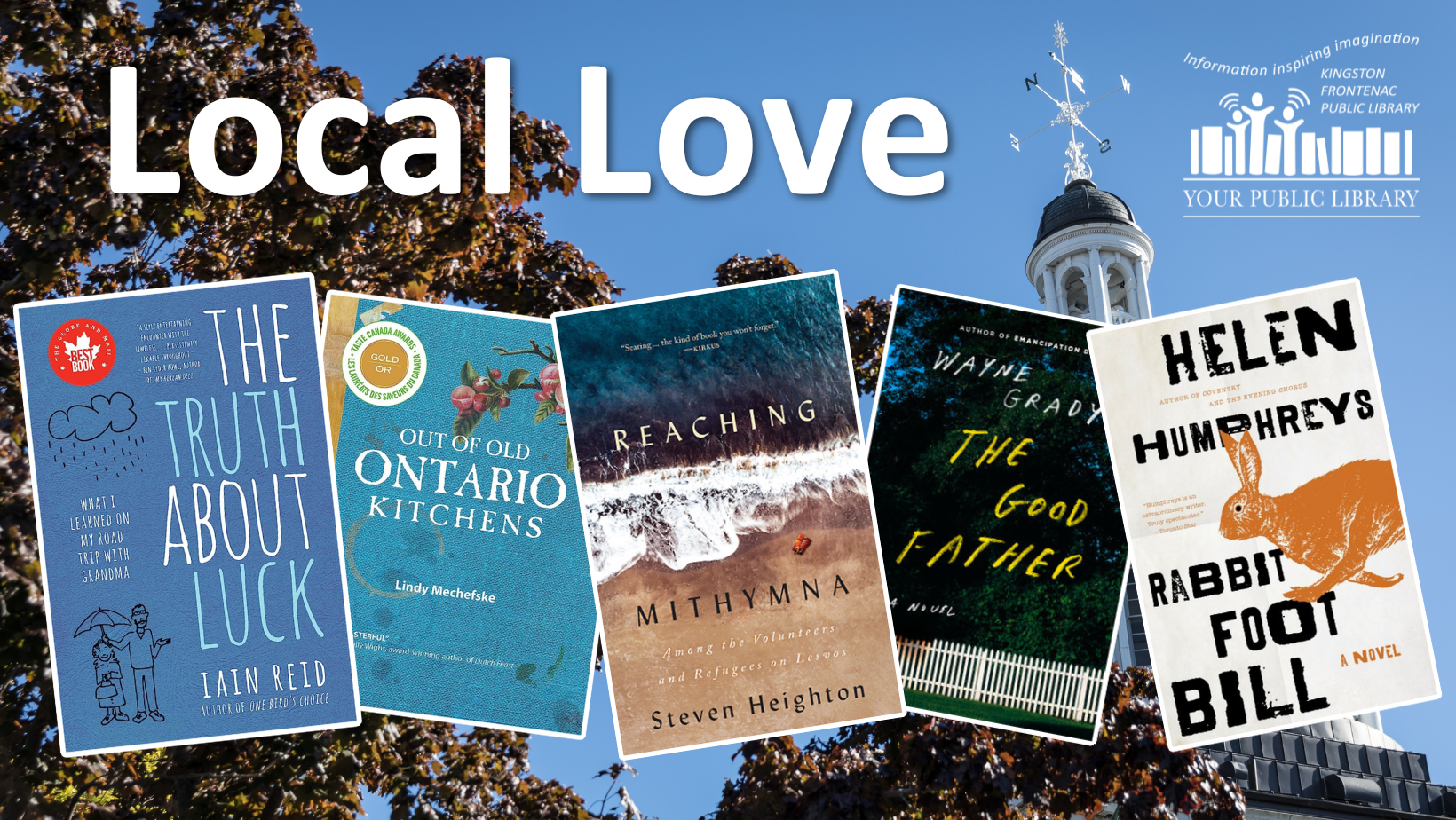 A collage of books over a photo of Kingston City Hall. Text reads Local Love.