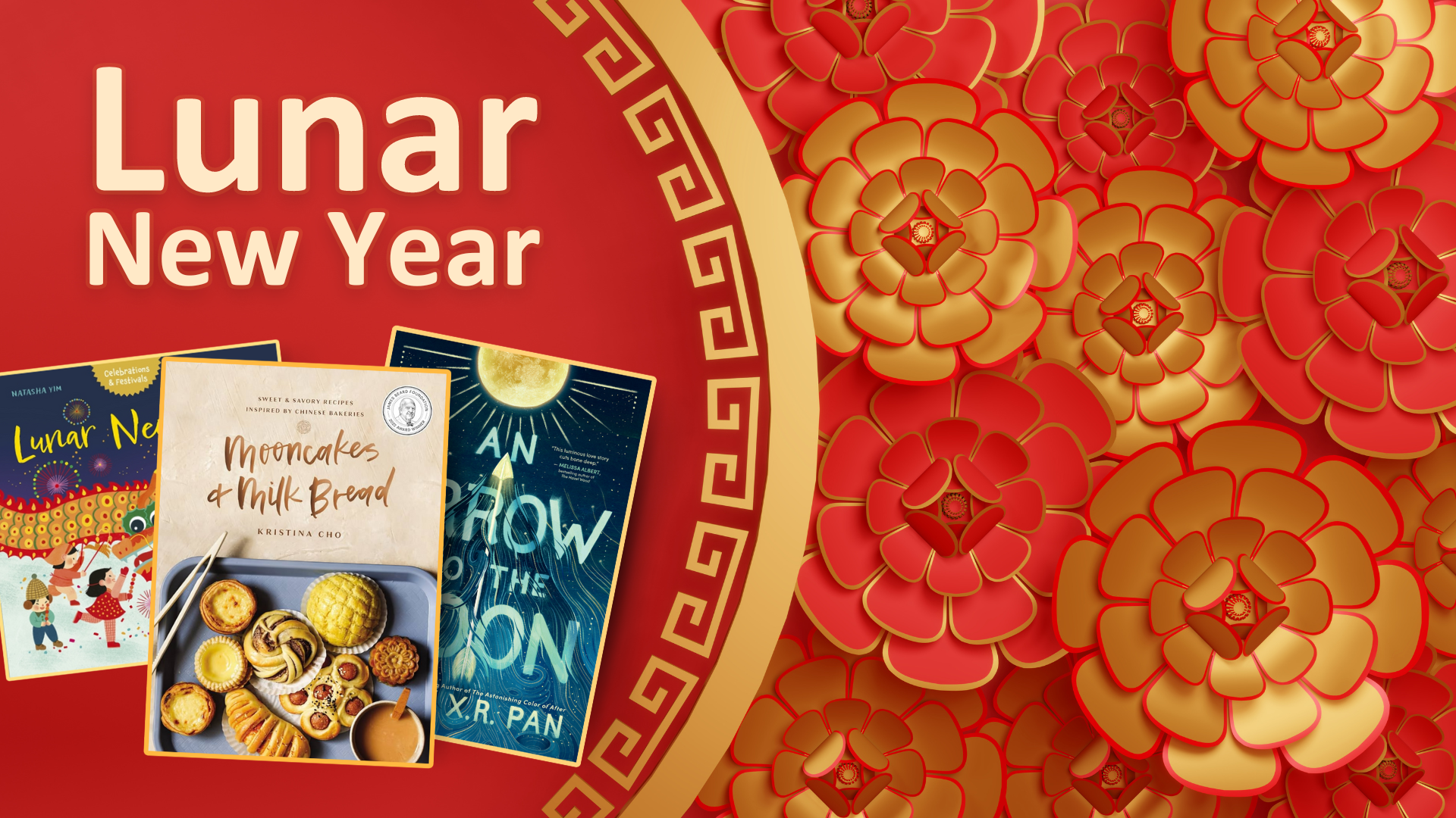 A collage of books on a red and gold floral background. Text reads Lunar New Year.