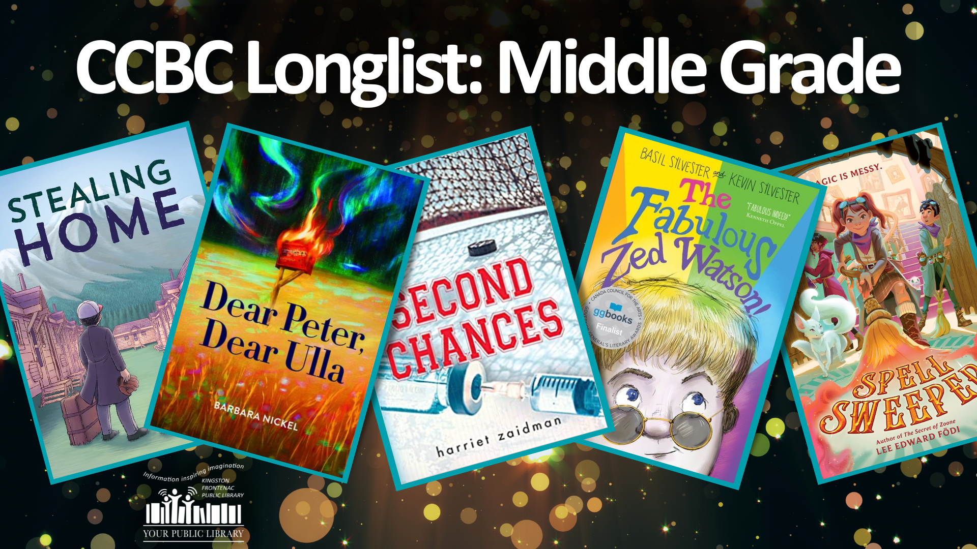 A collage of books against a spotlight background with text reading CCBC Longlist: Middle Grade