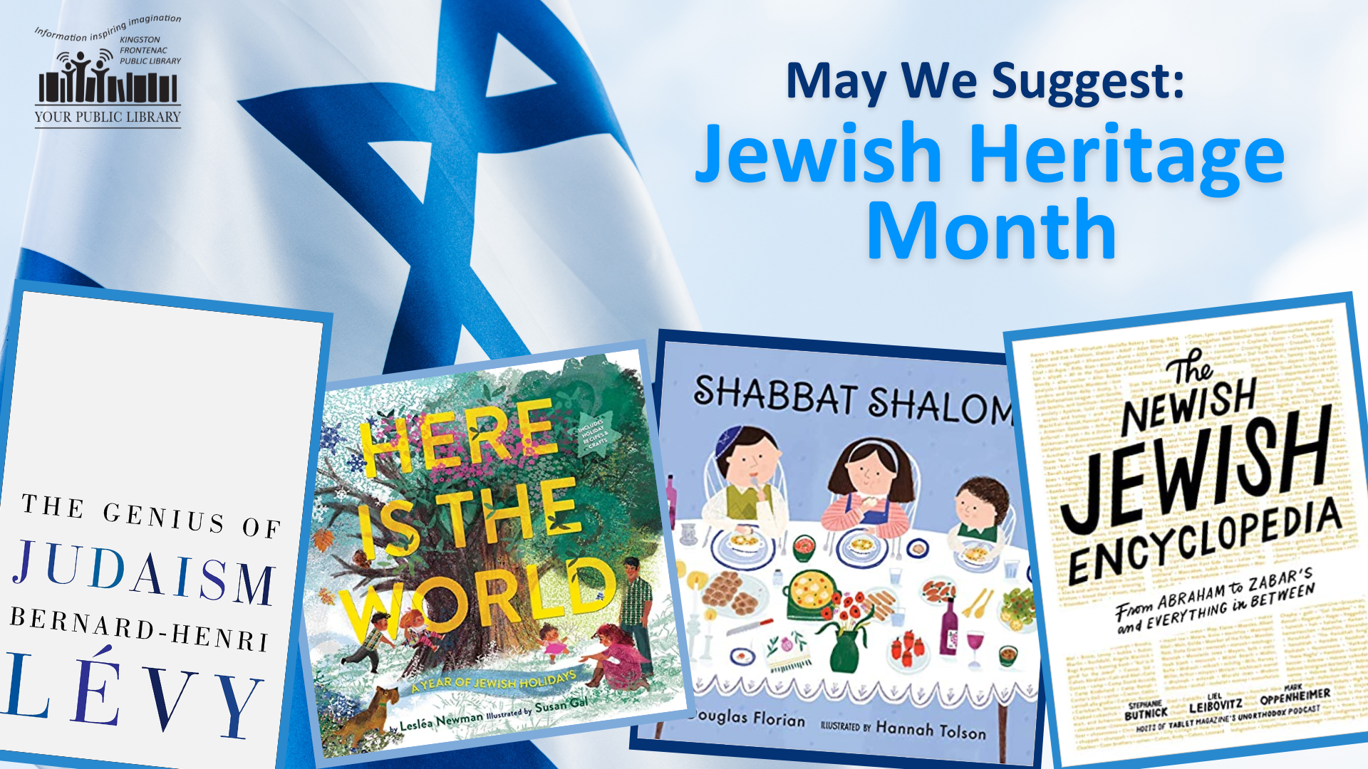 Books against a Jewish flag with text reading May We Suggest: Jewish Heritage Month