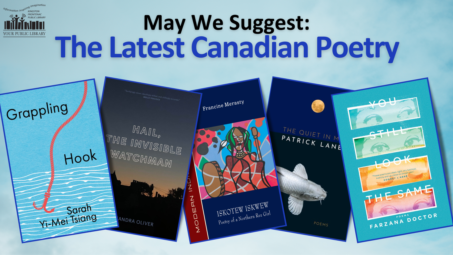 A collage of poetry books on a blue background. Text reads May We Suggest: The Latest Canadian Poetry