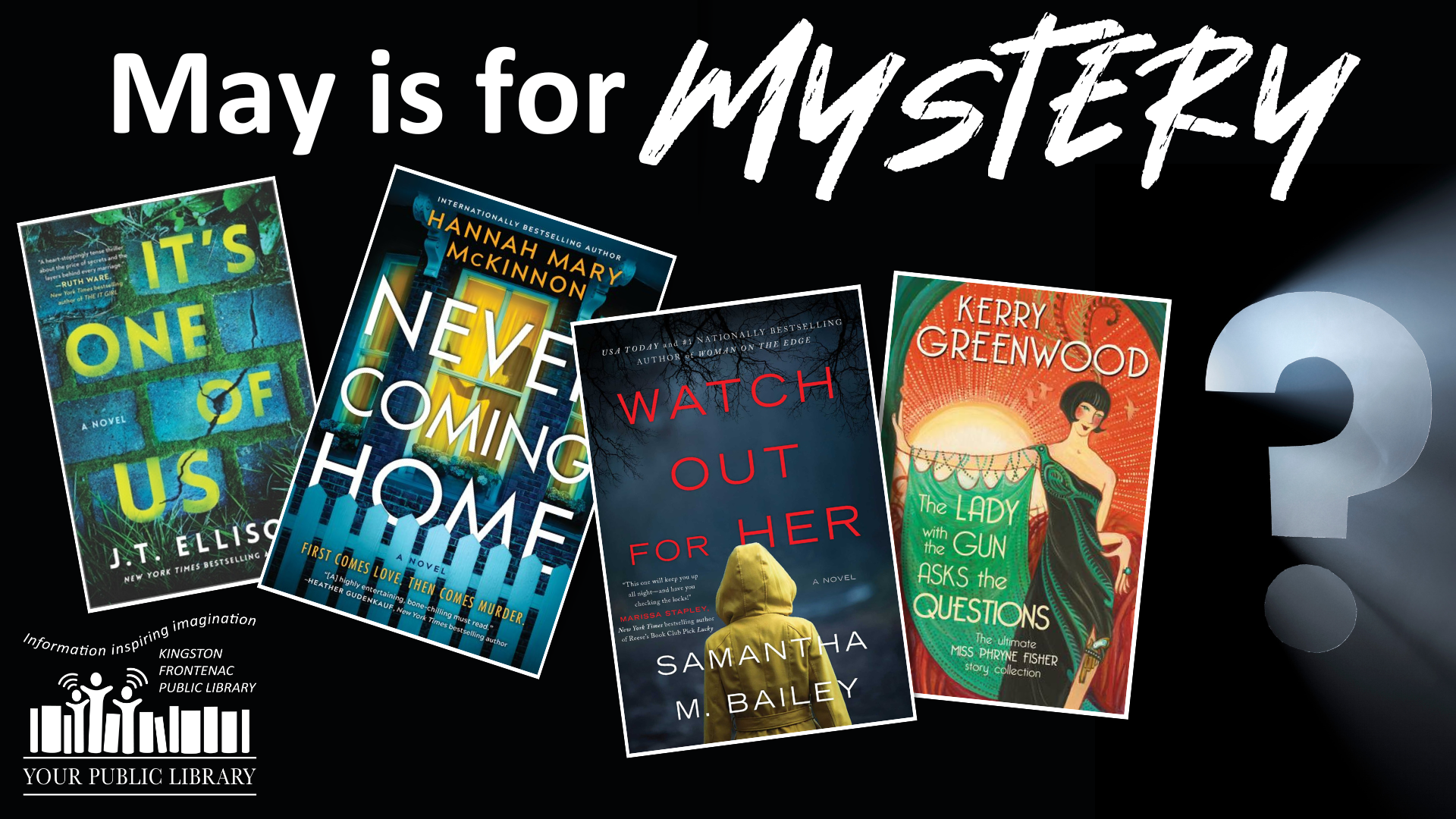 A collage of books with text reading May is for Mystery. 