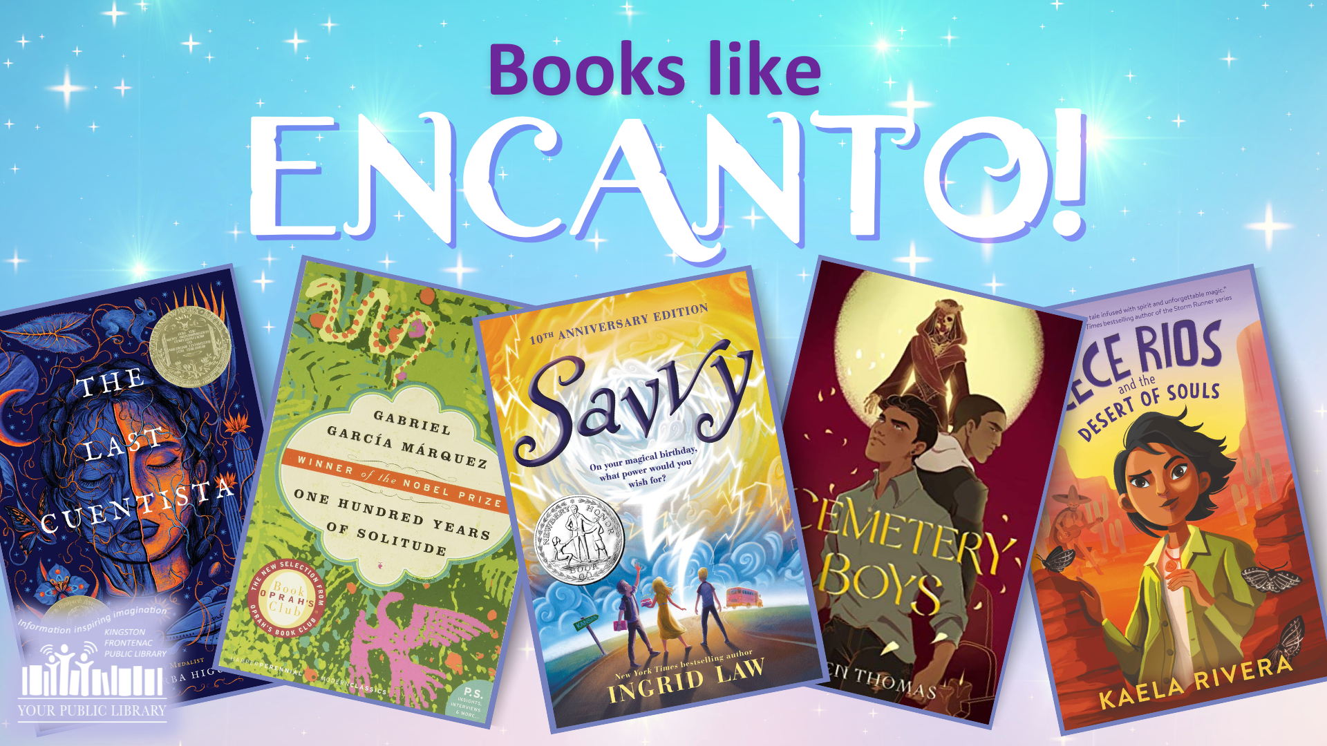 A collage of books on a blue and purple background with sparkles. Text reads Books Like Encanto. 