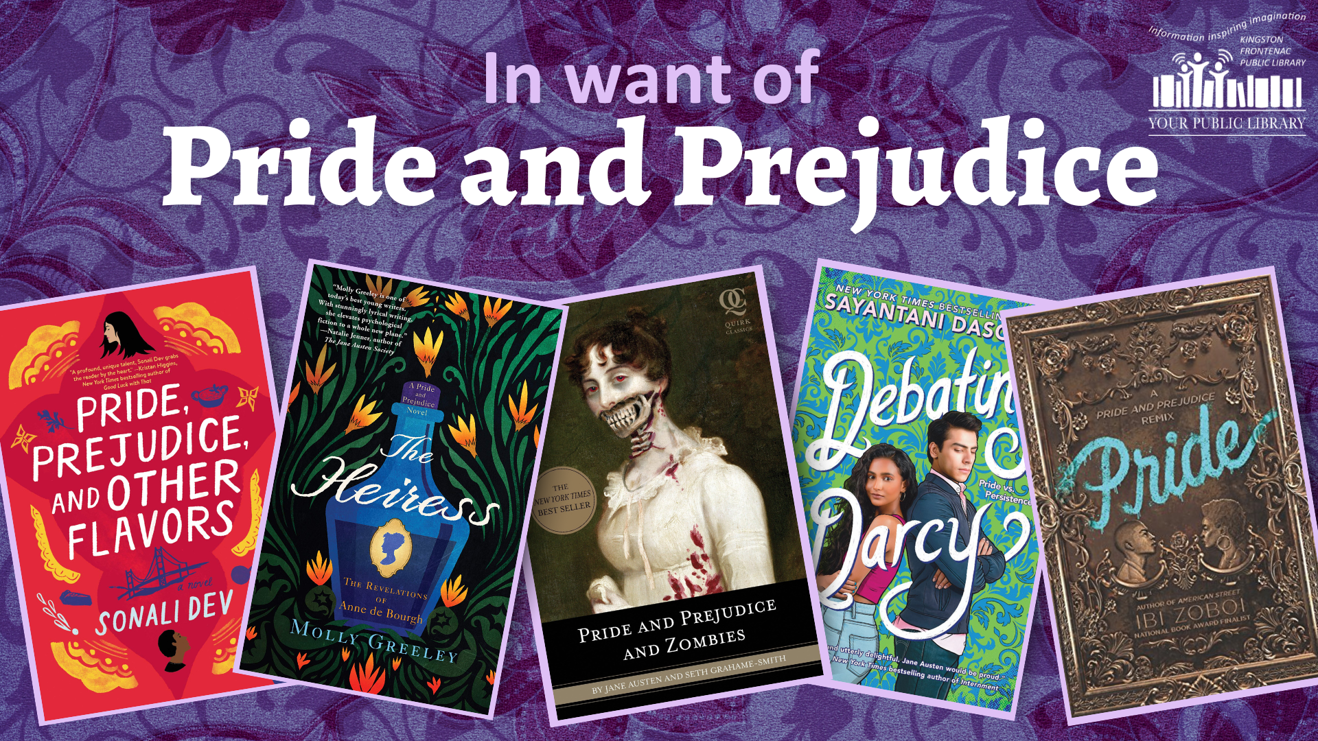 On a purple floral brocade background, a collage of books is outlined in lighter purple. Text reads In want of Pride and Prejudice.