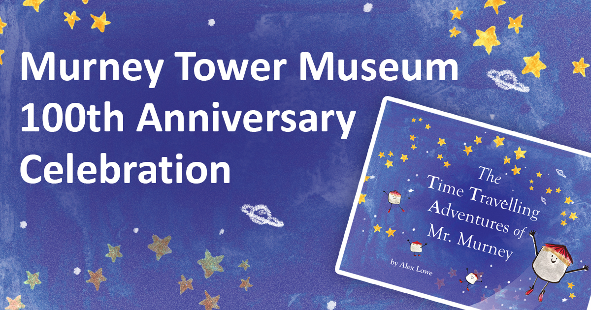 Illustration of blue background with yellow stars next to the book cover image for he Time-Travelling Adventures of Mr. Murney.