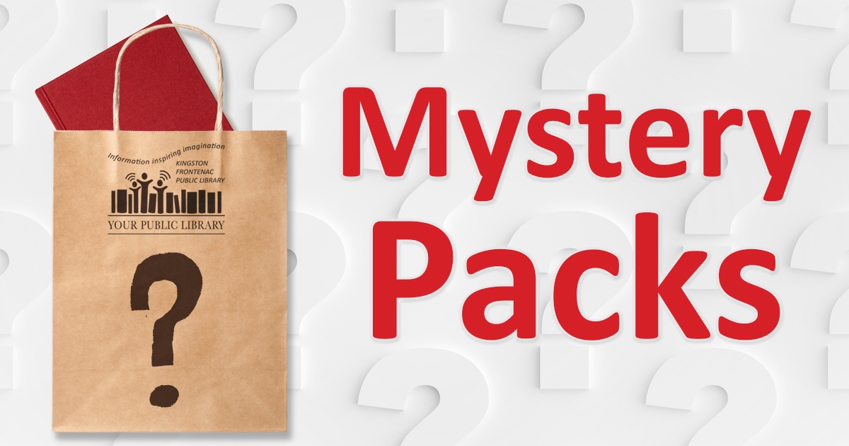 Mystery packs. Image of paper bag with a question mark on the front and a book sticking out the top.