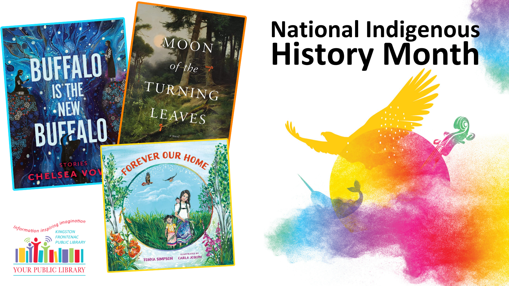 An eagle representing First Nations, a narwhal representing Inuit, and a violin representing Métis. These illustrations are placed around the sun and surrounded by multicoloured smoke that represents Indigenous traditions, spirituality, inclusion and diversity. There are three books, and text reading National Indigenous History Month.