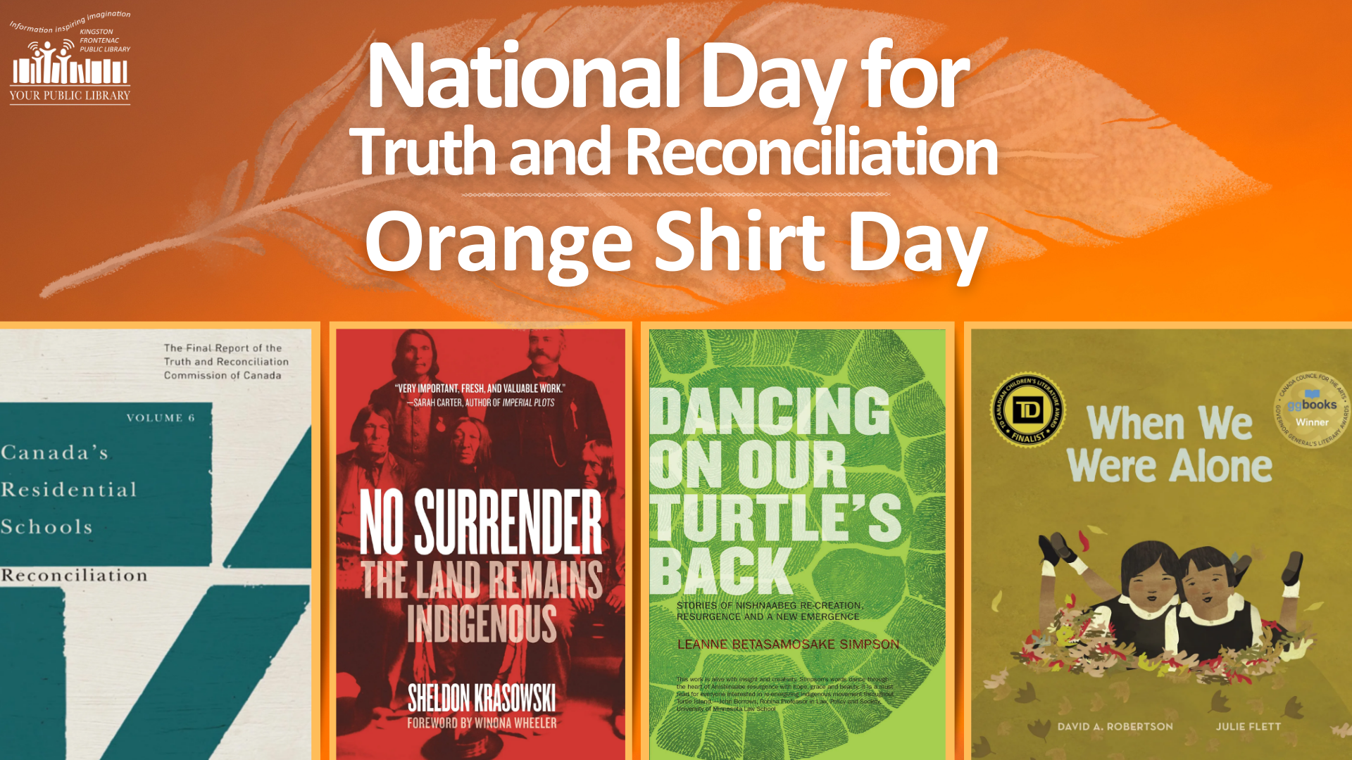 A collage of books on an orange background with a feather. Text reads National Day for Truth and Reconciliation and Orange Shirt Day