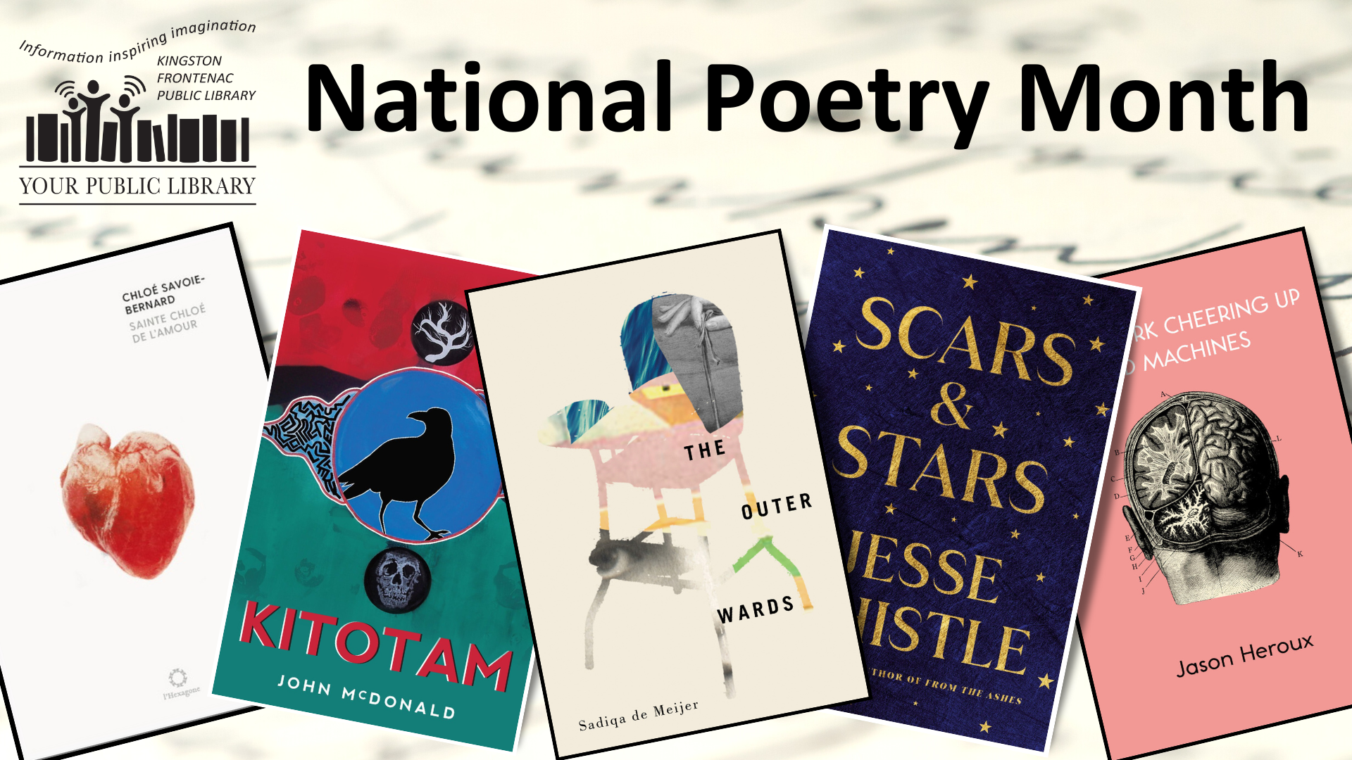 A collage of books with text reading National Poetry Month. There is handwriting visible in the background.