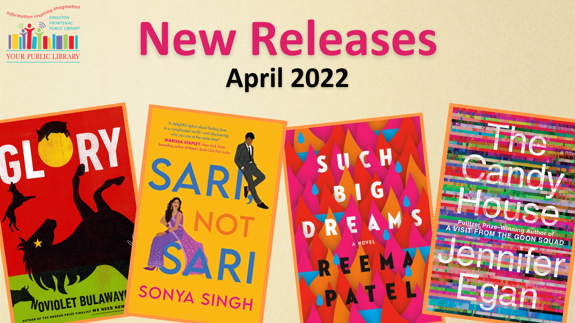 Four books with text reading New Releases - April 2022