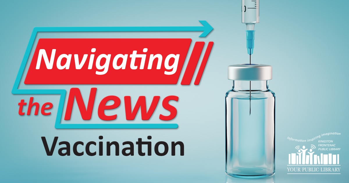 A needle slides into a vial against a blue background. Text reads Navigating the News: Vaccination. 